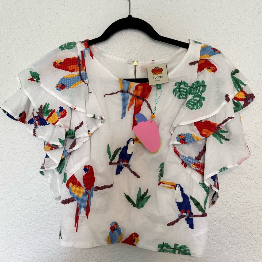 FARM Rio White Top with Multicolor Embroidered Tropical Motifs